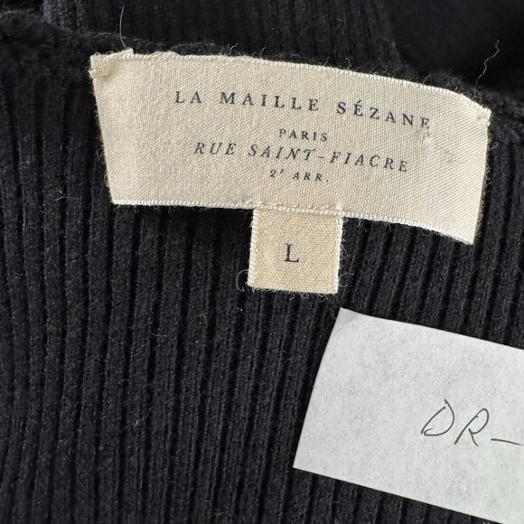 Sezane Tina Wrap Dress Large Black Merino Wool Blend Ribbed V-Neck DR-1807 - Picture 7 of 9